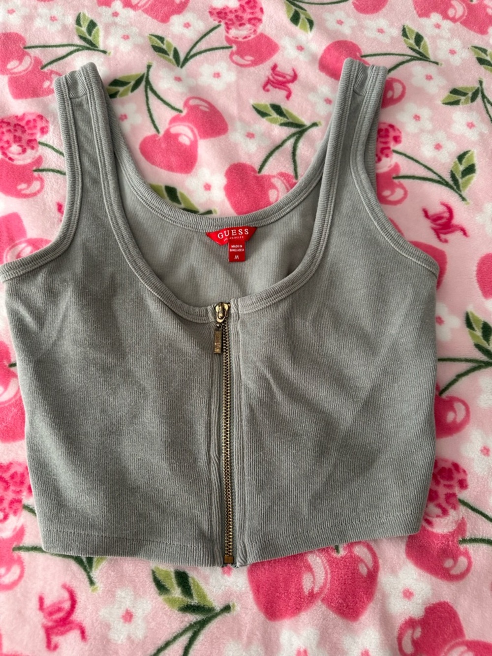 GUESS Gray Ribbed Zip-Front Crop Tank